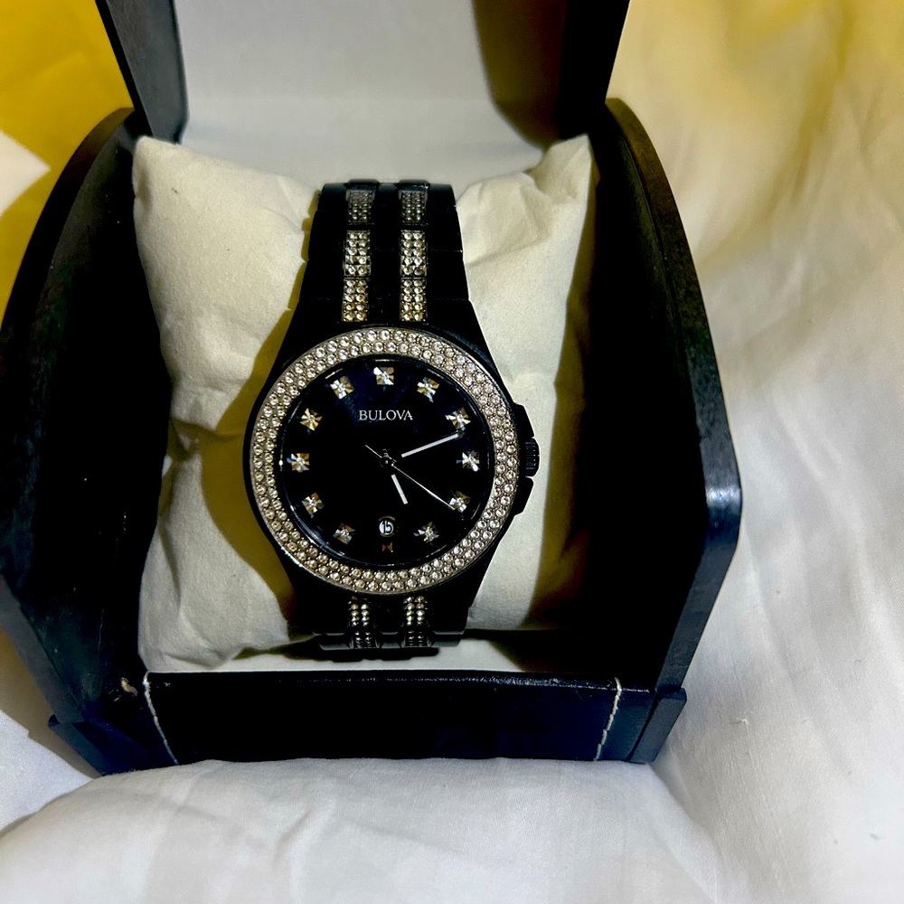 Bulova Black and Silver Crystal Watch